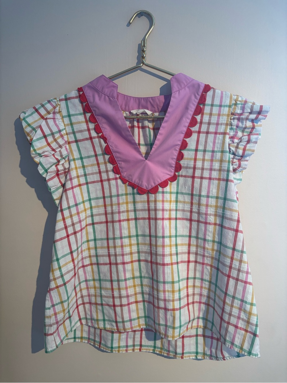 Women Pink Trim Plaid Flutter Sleeve Top